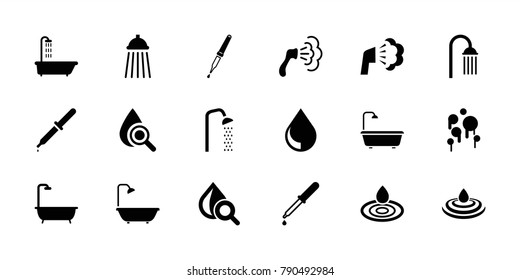 Droplet icons. set of 18 editable filled droplet icons: shower, water drop, pipette, drop under magnifier, drop