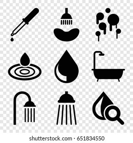 Droplet icons set. set of 9 droplet filled icons such as shower, water drop, pipette, drop under magnifier, drop