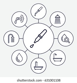Droplet icons set. set of 9 droplet outline icons such as shower, pipette, drop under magnifier