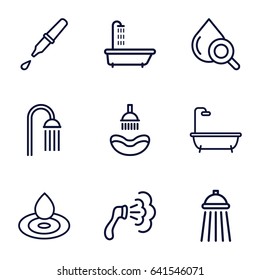Droplet icons set. set of 9 droplet outline icons such as shower, water drop, drop under magnifier