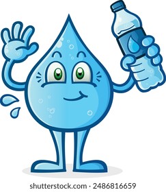 A droplet of pure, clean, distilled spring water for drinking holding a disposable plastic water bottle and waving happily with arms outstretched, vector clip art illustration