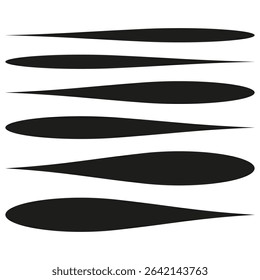 Droplet shape set. Elliptical black forms. Vector drop symbols. Horizontal abstract layout.