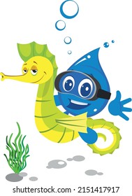 A droplet in a snorkeling mask rides a seahorse