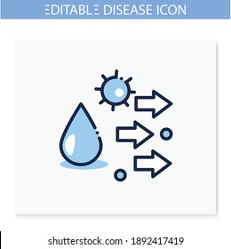 Droplet spread line icon. Disease spreading concept. Covid19, virus disease, influenza or flu transmission. Infection dispersal, contagious microparticle. Isolated vector illustration.Editable stroke 