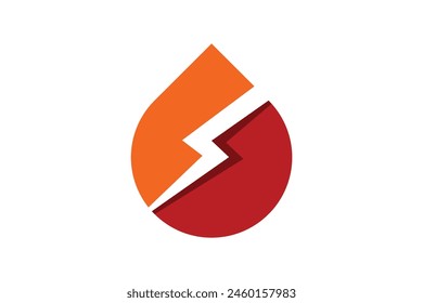 Droplet thunderbolt logo design template. Electric power vector icon. Design concept of lightning splitting water drop. Water drops separated lightning icon on negative space.