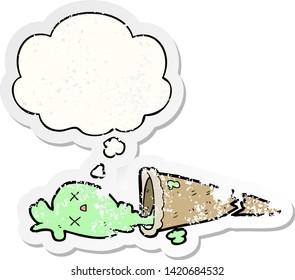 dropped cartoon ice cream with thought bubble as a distressed worn sticker