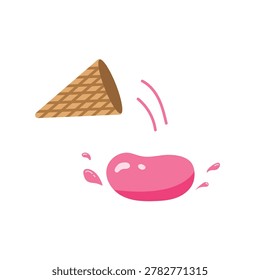Dropped ice cream cone flat design vector illustration. Fallen strawberry ice cream scoop splattered on the floor. Unfortunate melted dessert splash icon isolated on white.