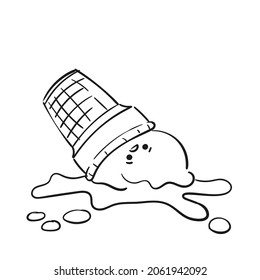 Dropped ice cream doodle black line simple vector illustration, One ball scoop with kawaii face in waffle cup refreshing delicious dessert clipart