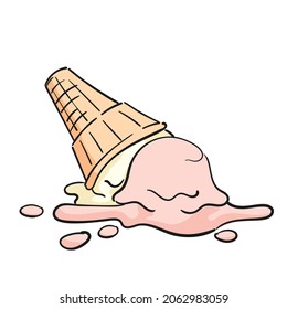 Dropped ice cream doodle two scoops in waffle cone isolated clipart on white background, Delicious sweet dairy dessert vector illustration