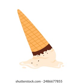 Dropped ice cream, melted one scoop of vanilla gelato in waffle cone vector illustration