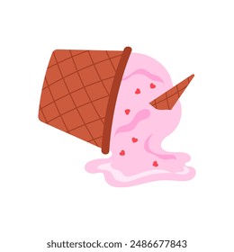 Se cayó helado en el suelo, gotas rosas fluyen de la Ilustración vectorial de la taza de gofre