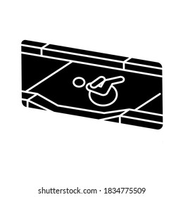 Dropped kerb black glyph icon. Curb cut. Access between street and sidewalk. Wheelchair users. Driveway. Modern city infrastructure. Silhouette symbol on white space. Vector isolated illustration