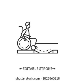 Dropped kerb line icon. Wheelchair accessible sidewalk. Accessible, inclusive city. Barriers-free environment and social adaptation for disabled people. Isolated vector illustration. Editable stroke 