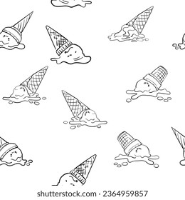 Dropped melted ice cream doodle seamless background, Cartoon black line sketch repeating pattern on white background - Shutterstock ID 2364959857