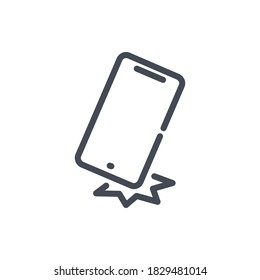 Dropped mobile phone line icon. Smartphone crash test vector outline sign.