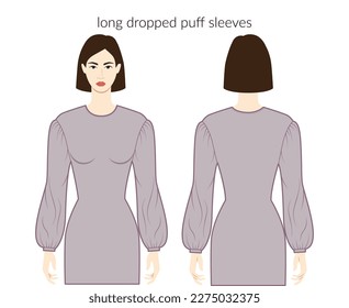 Dropped puff sleeves long length clothes character lady in grey top, shirt, dress technical fashion illustration with fitted body. Flat apparel template front, back sides. Women, men unisex CAD mockup