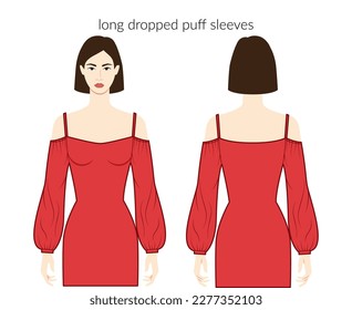 Dropped puff sleeves long length clothes character lady in red top, shirt, dress, technical fashion illustration with fitted body. Flat apparel template front, back sides. Women, men unisex CAD mockup