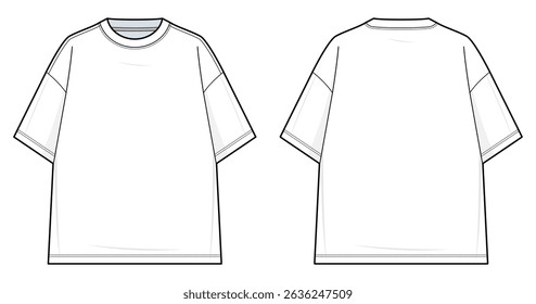 Ombro caído Camiseta Tamanho Grande Ilustração de Moda Técnica. Modelo Vetor Tee Crewneck. Silhueta relaxada. Roupas. Vista frontal e traseira. Unisex. Conjunto de montagem CAD.