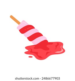 Dropped twisted ice cream on stick, frozen fruit yogurt melting and flowing vector illustration