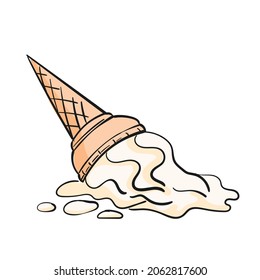 Dropped vanilla ice cream doodle cartoon isolated clipart on white background, Vector illustration of soft icecream in waffle cone