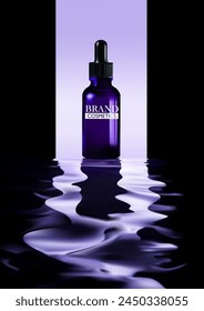 Dropper beauty product (face serum, fluid, emulsion, essential oil)  with Water black surface abstract background Waves and ripples texture. vector illustration .