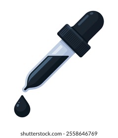 Dropper with black ink droplet. Skincare, essential oil, chemistry pipette, color picker concept. Flat vector illustration isolated on a white background