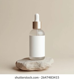 Dropper Bottle 3D Rendering White Blank Mockup, ilustração 3d de garrafas de vidro sem rótulo com tampa do conta-gotas sobre rocha com fundo claro. Cena para publicidade cosmética, maquete para produto de soro, rocha,