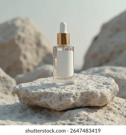 Dropper Bottle 3D Rendering White Blank Mockup,3d illustration of glass bottles unlabeled with dropper cap on rock with light background. Scene for advertising cosmetic,mockup for serum product,rock,