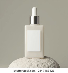 Dropper Bottle 3D Rendering White Blank Mockup,3d illustration of glass bottles unlabeled with dropper cap on rock with light background. Scene for advertising cosmetic,mockup for serum product,rock,