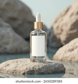 Dropper Bottle 3D Rendering White Blank Mockup,3d illustration of glass bottles unlabeled with dropper cap on rock with light background. Scene for advertising cosmetic,mockup for serum product,rock,