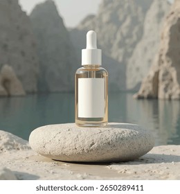 Dropper Bottle 3D Rendering White Blank Mockup,3d illustration of glass bottles unlabeled with dropper cap on rock with light background. Scene for advertising cosmetic,mockup for serum product,rock,
