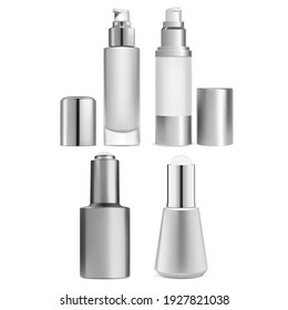 Dropper bottle. Airless pump serum bottle design. 3d mockup of luxury beauty product. Foundation dispenser vial template. Clear silver flask for face treatment liquid. Eyedropper mock up