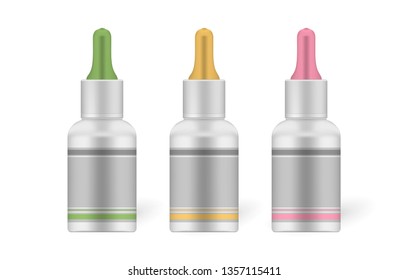 Dropper bottle with blank label sticker isolated on white background, mockup. Liquid product drop package with pipette cap, vector template set.