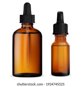 Dropper bottle broun. Essential oil eyedropper vial mock up. Serum dropper flask, collagen essence beauty treatment packaging mockup. Pipette flacon, organic face aging care, aromatherapy