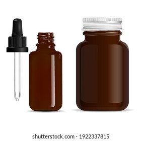 Dropper Bottle Brown Glass. Amber Eyedropper, Pill Jar Vector Mockup. Medical Serum Vial, Black Cap, Realistic 3d. Isolated Pharmacy Flask With Pipette. Essential Oil Drop, Clear Vitamin Jar