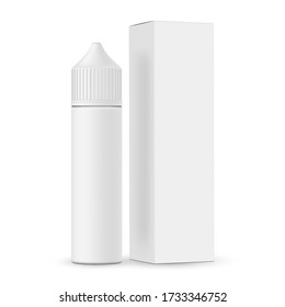 Dropper bottle with cardboard box mockup isolated on white background. Vape e-liquid plastic vial template. Vector illustration