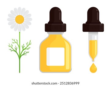 Frasco conta-gotas com flor de camomila e gota líquida amarela. Ilustração de vetor plano isolada em fundo branco. Óleo essencial, conceito de extrato de ervas. Ótimo para aromaterapia e design homeopático