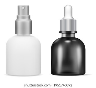 Dropper bottle. Cosmetic serum spray, 3d vector. Essential oil flask mockup with pipette, face skin care liquid jar. Serum dropper vial, eye treatment packaging, isolated on white. Aroma perfume