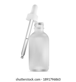 Dropper bottle. Cosmetic serum white glass pipette isolated. Essential oil eye drop mockup. Clear medicine yeydropper flask mock up. Transparent vape product vial. Face skin collagen product jar