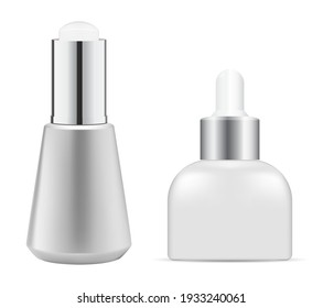 Dropper bottle. Essential oil, serum cosmetic vial. eye droppackage blank. Cosmetic essence silver container, face beauty treatment flask. Skin foundation solution, package with pipette cap