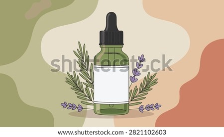 Dropper bottle for essential oils decorated with rosemary and lavender sprigs against an organic background.