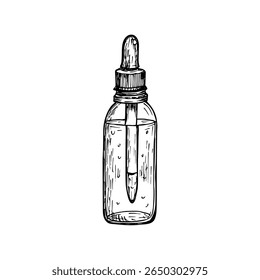 Dropper bottle hand-drawn outline illustration in engraving style. Liquid essential oils, natural cosmetics concept. Glass jar with pipette sketch drawing. Vector line art clipart