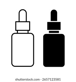 Conjunto de iconos de botella de gotero. Frasco de aceite esencial o suero con cuentagotas con iconos de pipeta. Logotipo del suero del gotero, etiqueta, insignia, etiqueta engomada, símbolo, emblema, negro, línea, Vector, aislado en fondo blanco.