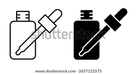 Dropper bottle icon set. Dropper serum or essential oil bottle with pipette icons. Dropper serum logo, label, badge, sticker, symbol, emblem, black, line, vector, isolated on white background.