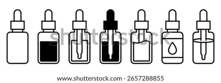 Dropper bottle icon set. Dropper serum or essential oil bottle with pipette icons. Dropper serum logo, label, badge, sticker, symbol, emblem, black, line, vector, isolated on white background.