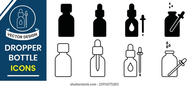 Dropper bottle icon vector set. Serum, liquid medicine  or essential oil bottle silhouette vector. Bottle vector illustration.