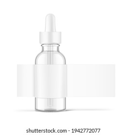 Dropper bottle with label mockup isolated on white background. Vector illustration. Front view. Сan be used for cosmetic, medical and other needs. EPS10	