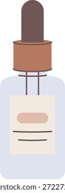 Frasco conta-gotas com rótulo e pipeta de borracha em desenho animado limpo. Símbolo de cuidados da pele, rotina de beleza, cuidados séricos e marca de bem-estar. Ilustração de vetor de desenhos animados.