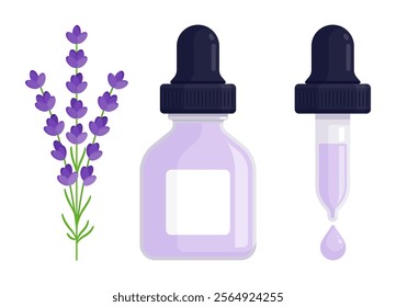 Dropper bottle with lavender flower and lilac liquid drop. Essential oil, herbal extract, aromatherapy, and homeopathy concept. Flat vector illustration isolated on white background