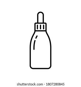 Dropper bottle. Linear icon of cosmetic jar for essences. Black simple illustration of vial with cap for oil, face serum, packaging for makeup products. Contour isolated vector logo, white background